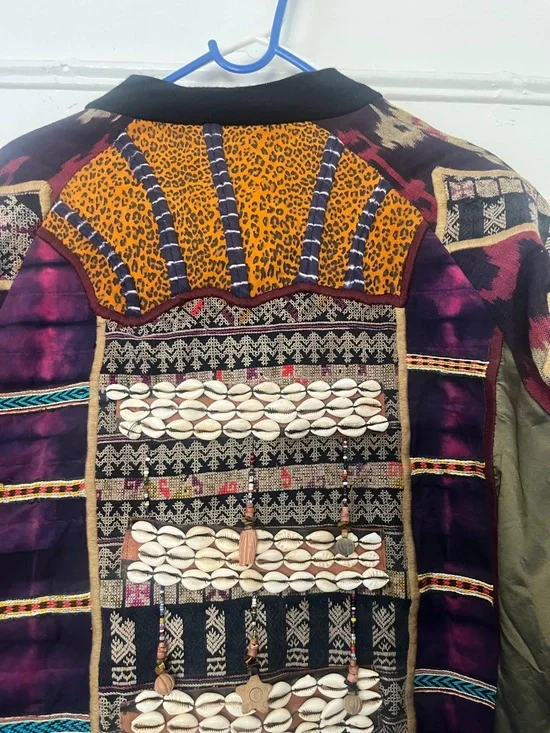 One of a kind. Patchwork Embellished Multicolor Bomber Jacket with Shell Accents - Picture 12 of 16